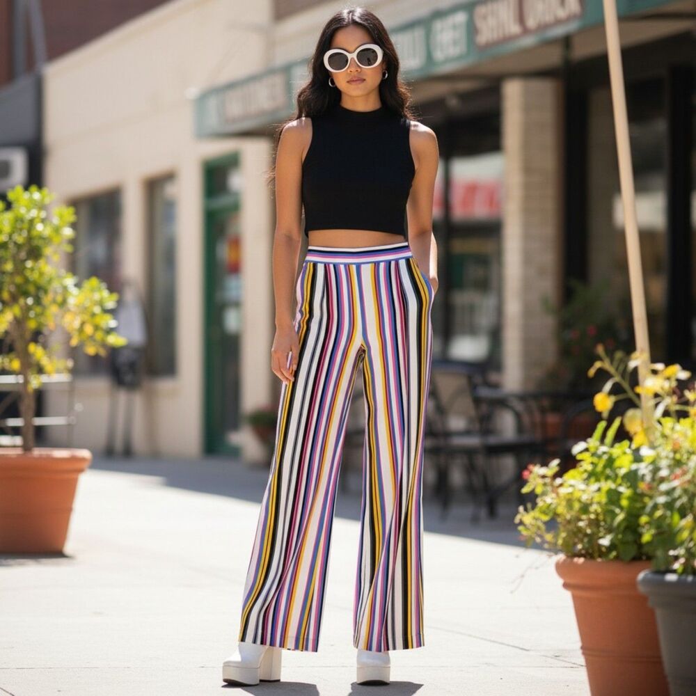 Lena Gabrielle Vertical Striped High Waisted Wide Leg Palazzo Pants Size 4